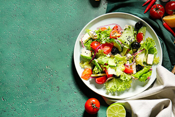 Plate with tasty Greek salad on color background