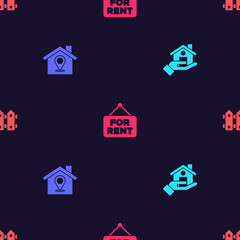 Fototapeta premium Set Realtor, Location with house, Hanging sign For Rent and Garden fence wooden on seamless pattern. Vector