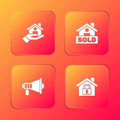 Set Realtor, Hanging sign with text Sold, Megaphone and House under protection icon. Vector