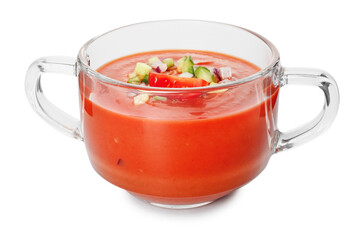 Glass pot with tasty gazpacho on white background