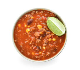 Bowl with delicious chili con carne on white background