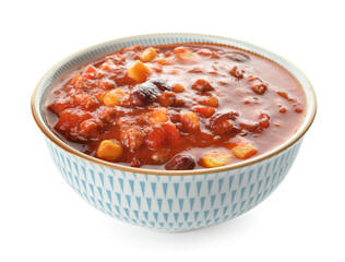 Bowl with delicious chili con carne on white background
