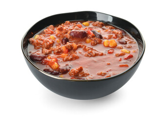 Bowl with delicious chili con carne on white background