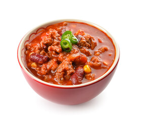 Bowl with delicious chili con carne on white background