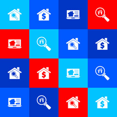 Set Search house, House with dollar symbol, Online real estate and icon. Vector