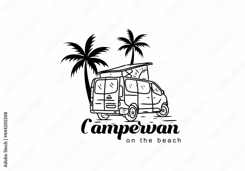 Wall mural black illustration drawing of campervan on the beach