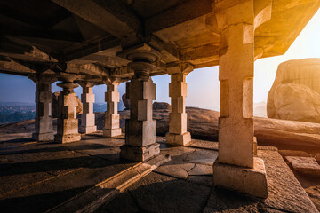 Beautiful ancient architecture of temples on Hemakuta Hill, Hampi, Karnataka, India.