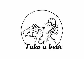 Black illustration drawing of man drink a beer