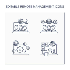 Remote command management line icons set. Remote working culture, team tools, manage priorities, team building games. Digitalization concept. Isolated vector illustration. Editable stroke