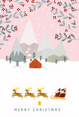 雪化粧の山と赤いお家とモミの木とサンタクロースとトナカイのイラスト ピンク