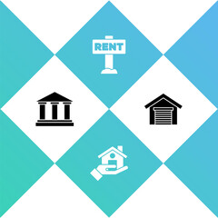 Set Museum building, Realtor, Hanging sign with Rent and Garage icon. Vector