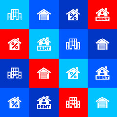 Set House, Garage, with percant discount and Hanging sign Rent icon. Vector