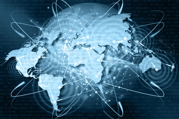 Illustrazione 3D. Sfondo visione digitale del mondo connesso con sistemi informatici. Computer, internet e rete connettono ogni parte del globo..