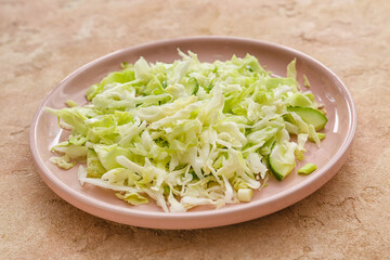Plate with tasty cabbage salad on color background