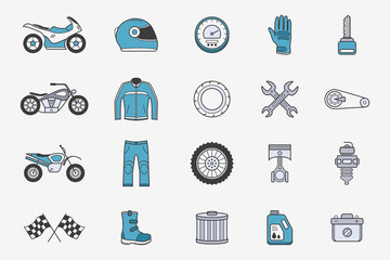 Moto Icons set - Vector color symbols of motorcycle, engine, wheel, helmet and other parts and accessories for the site or interface