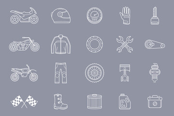Moto Icons set - Vector outline symbols of motorcycle, engine, wheel, helmet and other parts and accessories for the site or interface