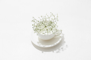 Fototapeta na wymiar Cup with beautiful gypsophila flowers on light table