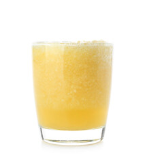 Glass of tasty pineapple smoothie on white background