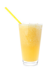 Glass of tasty pineapple smoothie on white background