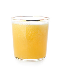 Glass of tasty pineapple smoothie on white background