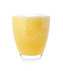 Glass of tasty pineapple smoothie on white background