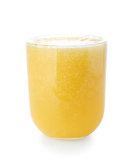 Glass of tasty pineapple smoothie on white background