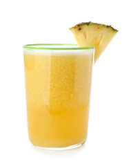 Glass of tasty pineapple smoothie on white background