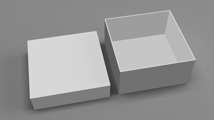 Open white gift box mockup. Square box mockup. Realistic perspective view of cardboard box mockup. Gift box mockup. 3D Illustration. 