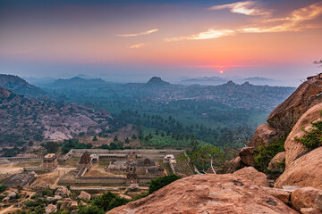 Fototapeta premium View of Matanga Hill during the sunrise, Unesco World Heritage town in Hampi, Karnataka, India