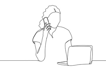 Continuous one line of secretary talking by phone with laptop in silhouette on a white background. Linear stylized.Minimalist.