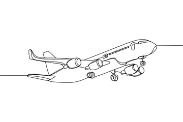 Continuous one line of airplane in silhouette on a white background. Linear stylized.Minimalist.