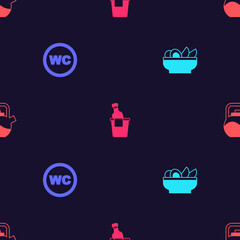 Set Nachos in plate, Toilet, Champagne an ice bucket and Kettle with handle on seamless pattern. Vector