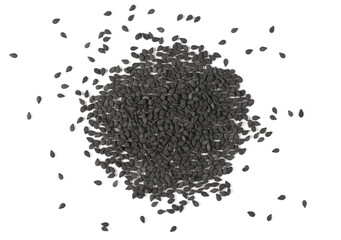 Black sesame seeds pile isolated on white background, top view