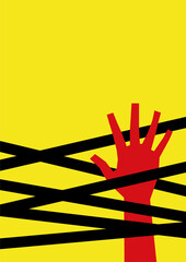 Obraz premium Modern minimalistic poster background. Red silhouette of a hand trapped from black stripes on a yellow background. Thriller, horror, detective design with copyspace A4, А3