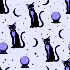 Seamless pattern with a black cat and a purple magic ball. Witches background with moon and stars