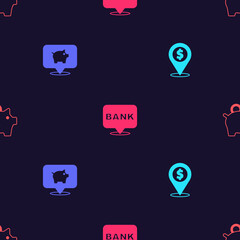 Set Cash location, Piggy bank, Bank building and on seamless pattern. Vector