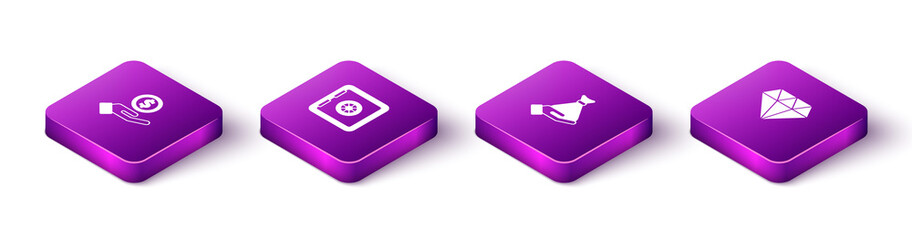 Set Isometric Hand giving money, Safe, Money hand and Diamond icon. Vector