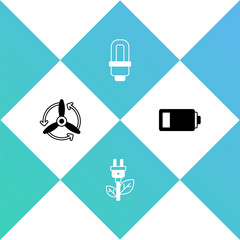 Set Wind turbine, Electric saving plug leaf, LED light bulb and Battery icon. Vector
