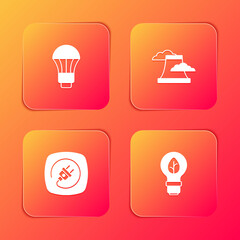 Set LED light bulb, Nuclear power plant, Electric plug and Light with leaf icon. Vector