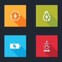 Set Recharging, Water energy, Battery and Electric tower icon. Vector