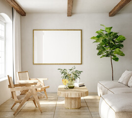 Mockup frame in living room interior of Spanish villa, 3d render