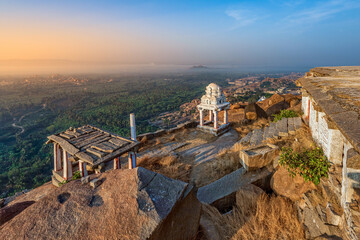 Obraz premium View of Matanga Hill during the sunrise, Unesco World Heritage town in Hampi, Karnataka, India