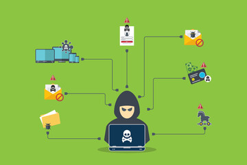 Hacker with laptop computer stealing confidential data, personal information and credit card detail. Hacking concept.