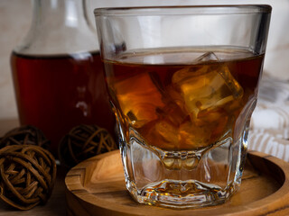 A cup of iced coffee on a wooden table