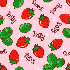 Strawberries seamless pattern background. Colorful fresh berry with leaves and words for wrapping paper, textile, fabric, wallpaper. Summer pink vector gift paper.