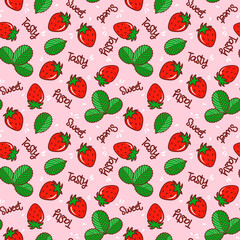 Strawberries seamless pattern background. Colorful fresh berry with leaves and words for wrapping paper, textile, fabric, wallpaper. Summer pink vector gift paper.