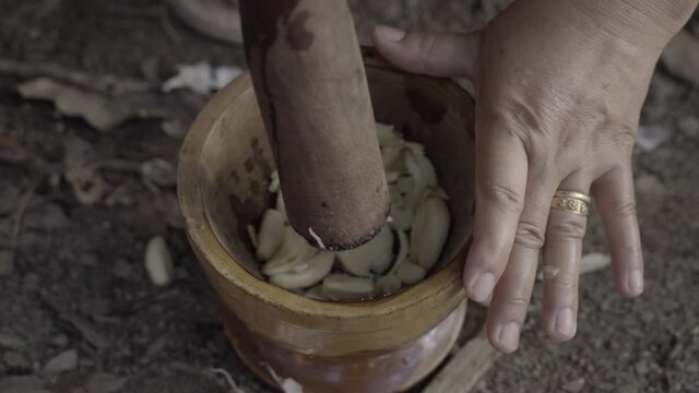 Manipuri hands use wooden mortar and pestle to crush garlic cloves