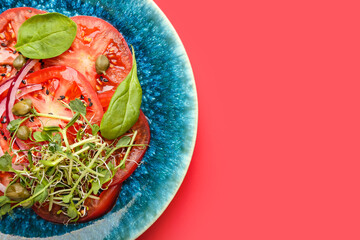 Plate with tasty tomato carpaccio on color background