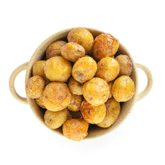 Pot with tasty baked potato on white background