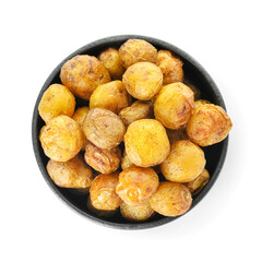 Bowl with tasty baked potato on white background